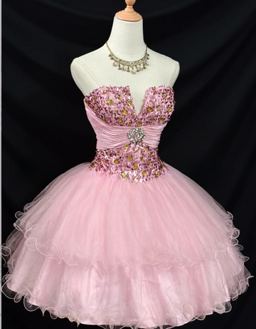 Niulatu Strapless Ball Gown Tulle Pink Short Prom Dresses Sequined Homecoming Dresses Pink Birthday Dresses HZ1026